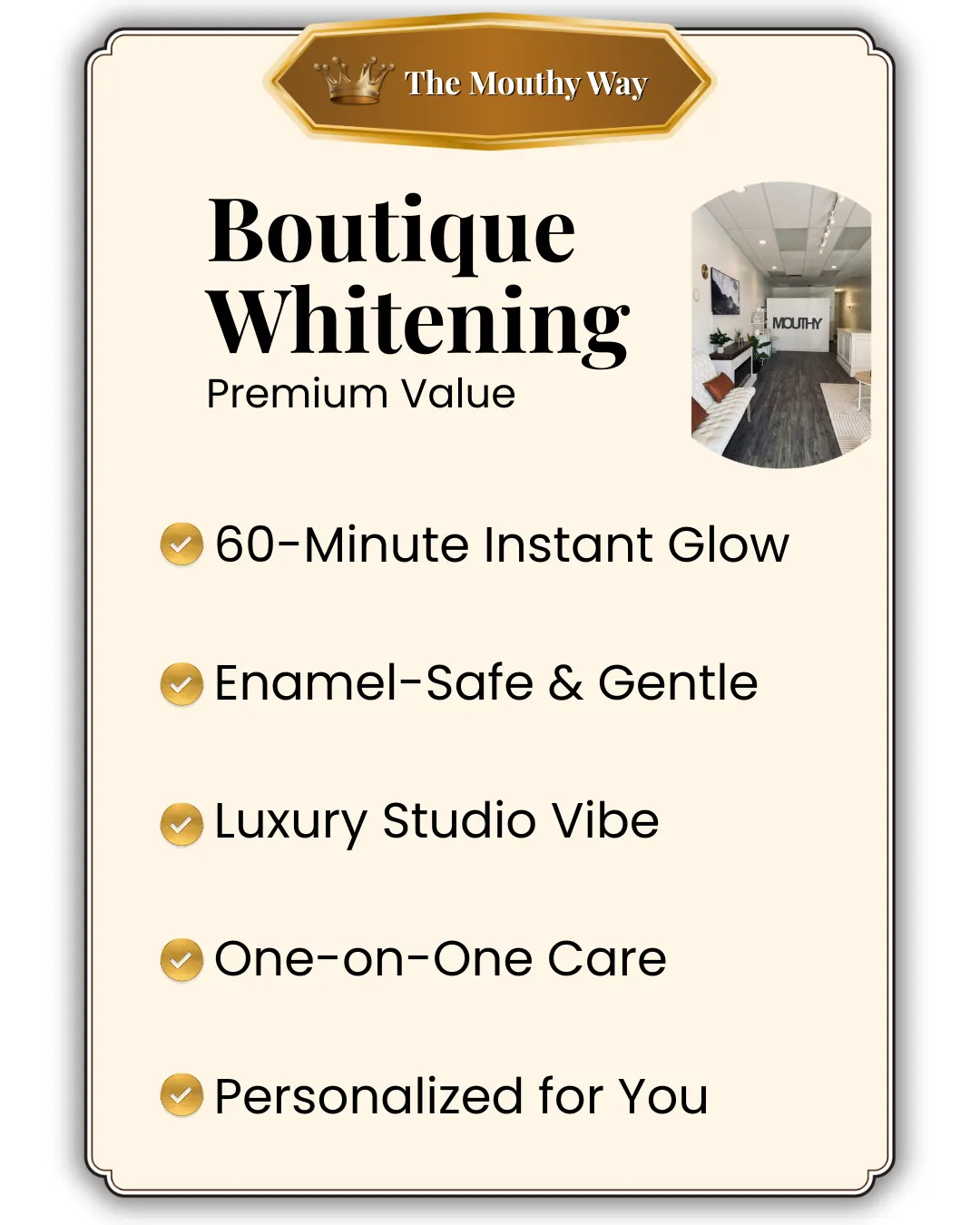 Boutique teeth whitening service by The Mouthy Way offering 60-minute instant glow, enamel-safe treatment, luxury studio experience, and personalized one-on-one care.
